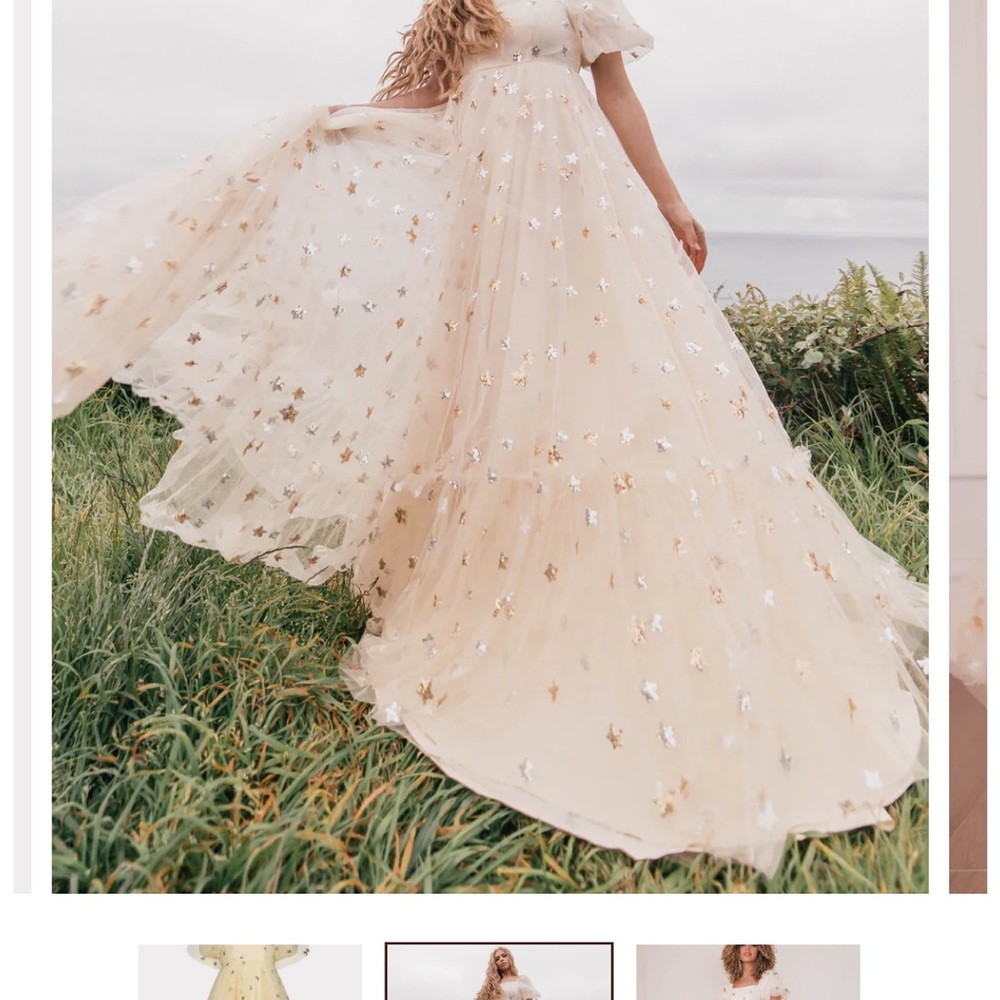 JessaKae Cream Tulle Gown with Gold & Silver Star Embellishments